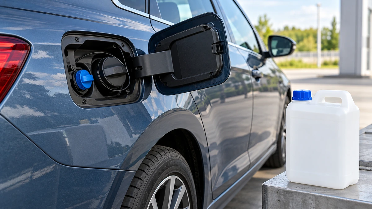 Bouchon bleu du réservoir AdBlue à côté de la trappe à carburant