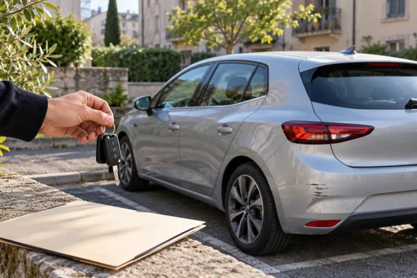 Clés de voiture au premier plan et véhicule avec une marque sur le pare-chocs