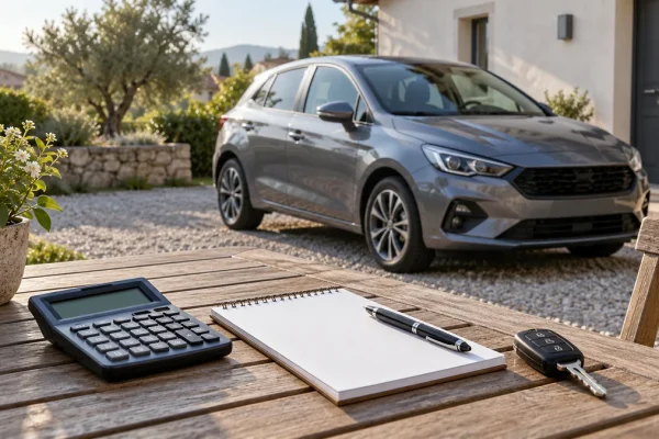 Calculatrice, carnet et clés devant une voiture pour préparer un budget
