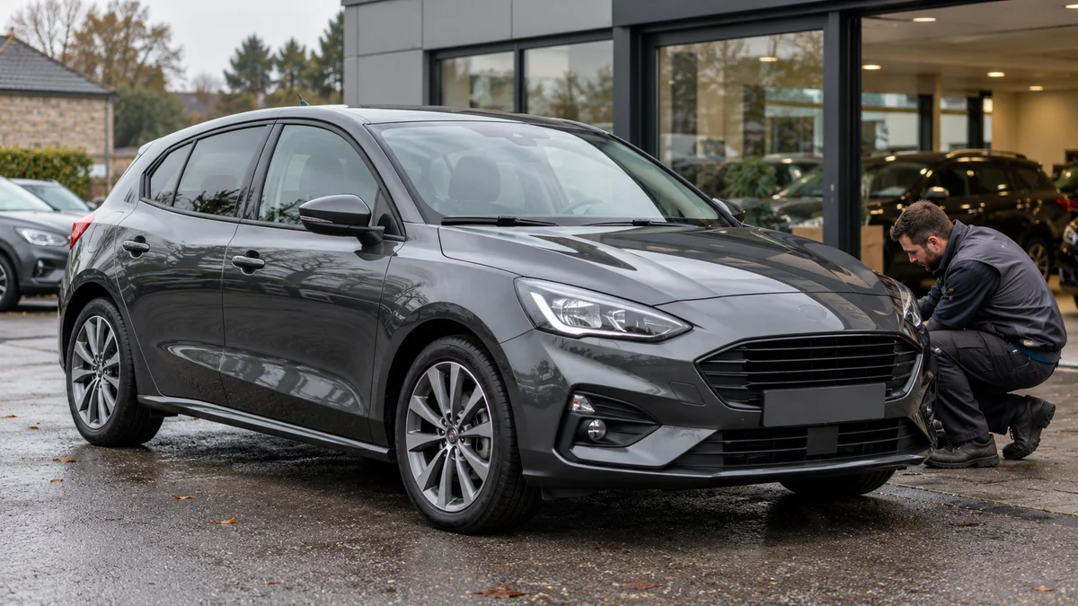Voiture compacte grise inspectée devant un point de vente automobile