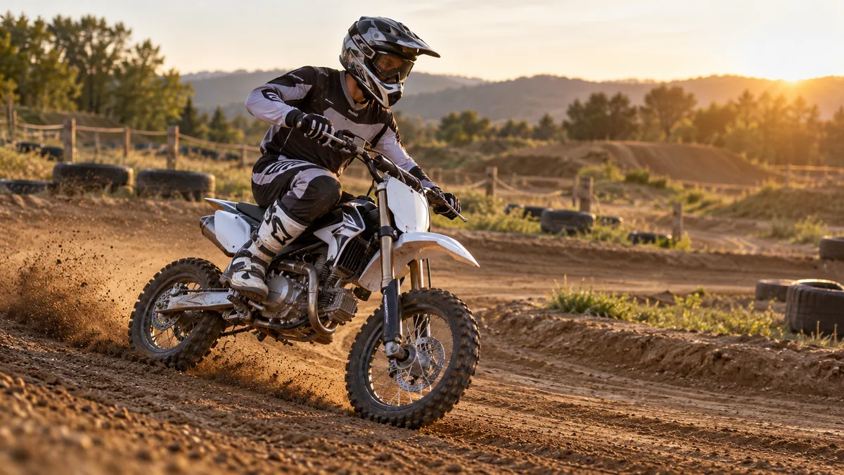 Pilote adulte équipé sur une pit-bike dans un circuit de terre