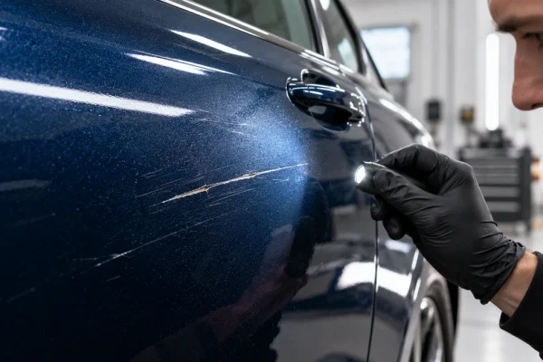 Inspection de rayures sur une portière de voiture bleue