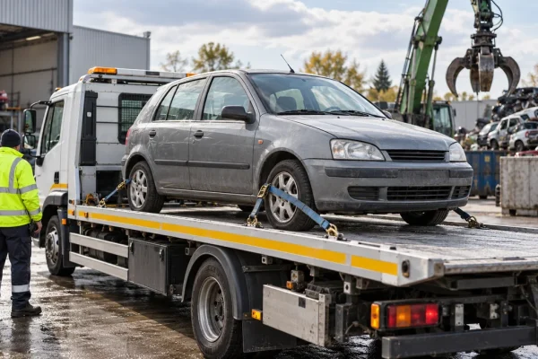 Voiture ancienne arrimée sur le plateau d’un camion dans un centre de recyclage