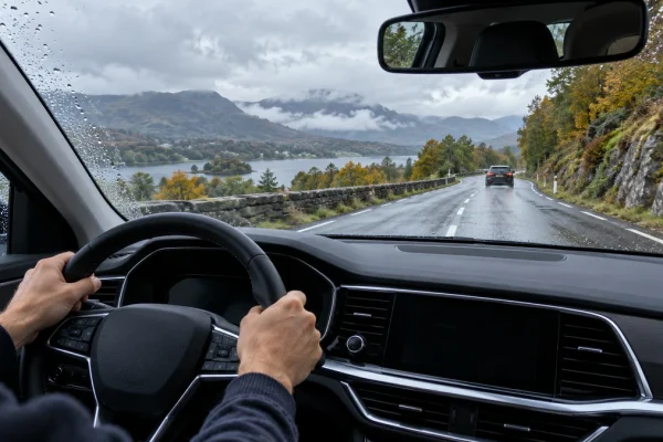 Conducteur sur une route humide avec un véhicule à distance devant lui